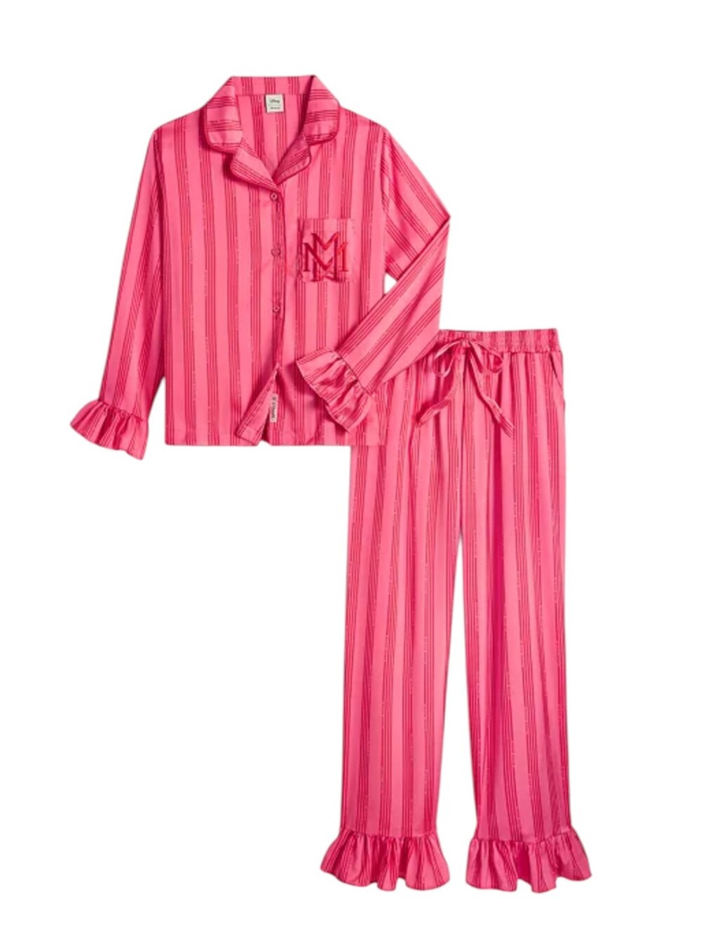 Disney Minnie Mouse Whimsical Pink Striped Satin Ruffle Trim Pajamas Sz L